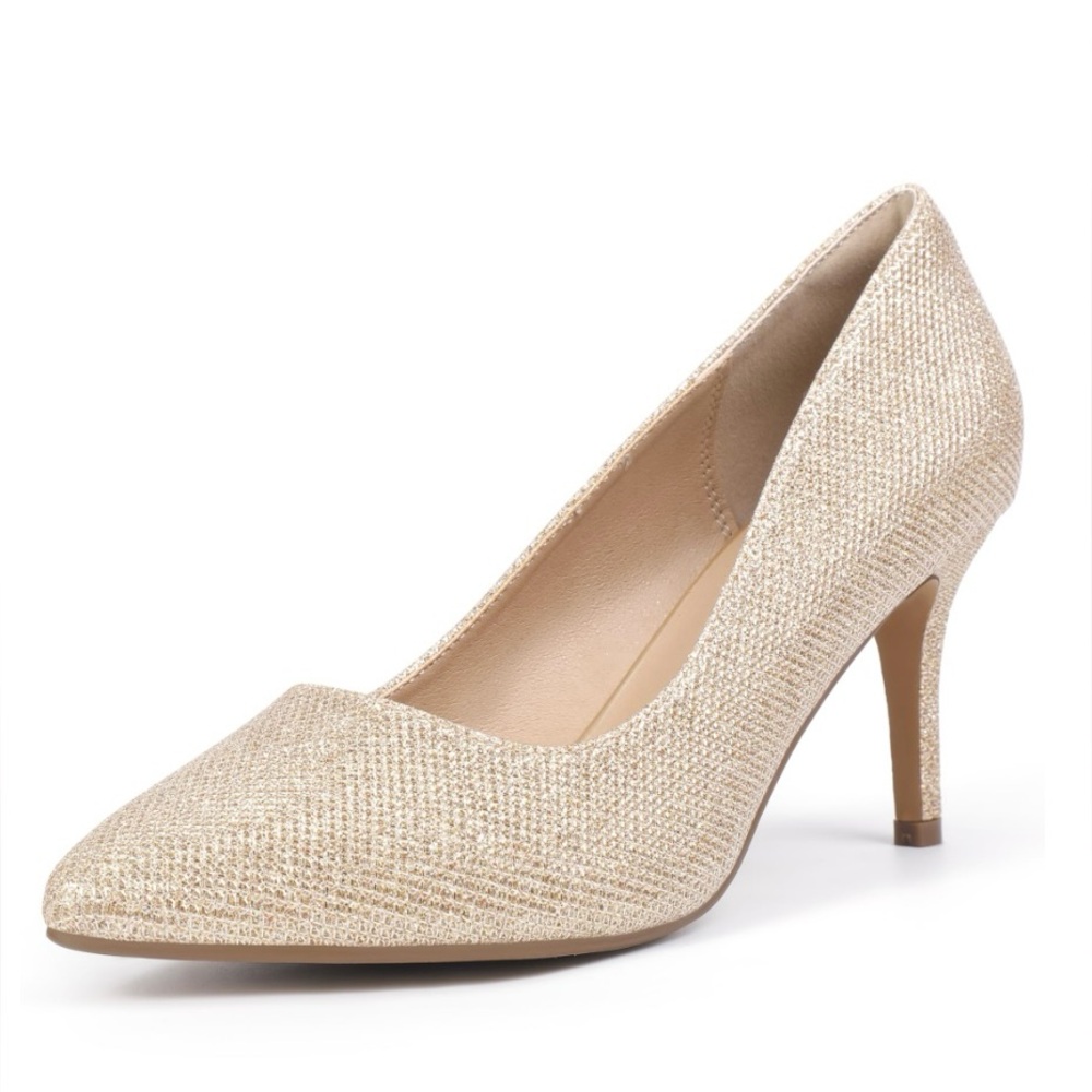 IDIFU Gold Pointed Toe Mid Heel Pumps